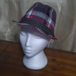 Claire's pink black gray plaid fedora